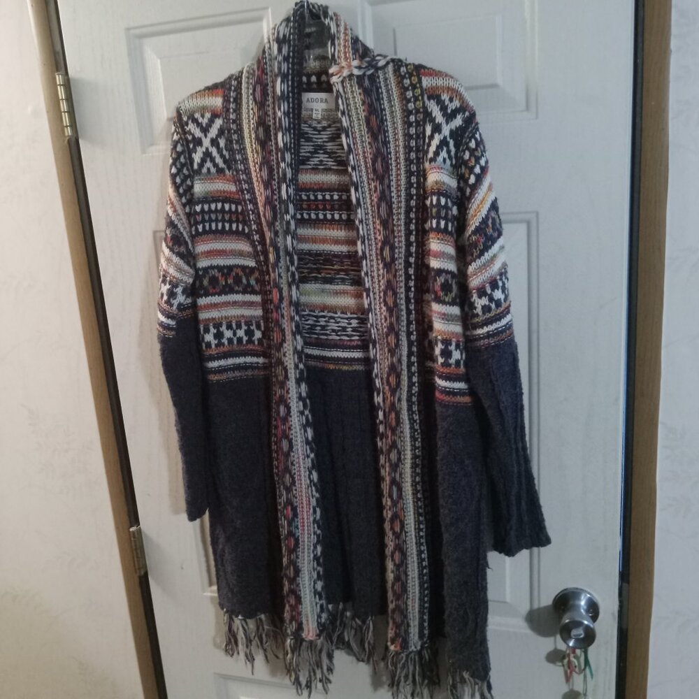 Adora Women's Navy Fringe Hem Tribal Cardigan Sweater Size ML CESW2173